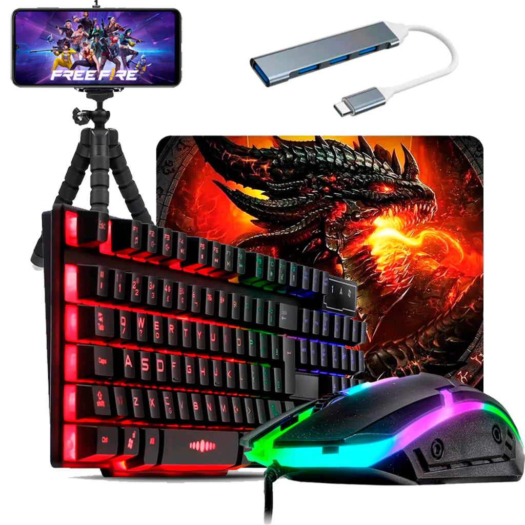 Kit Mobilador Completo 7 Peças Teclado Mouse Gamer Rgb Mouse Pad Hub Tripe Otg Micro e Tipo c