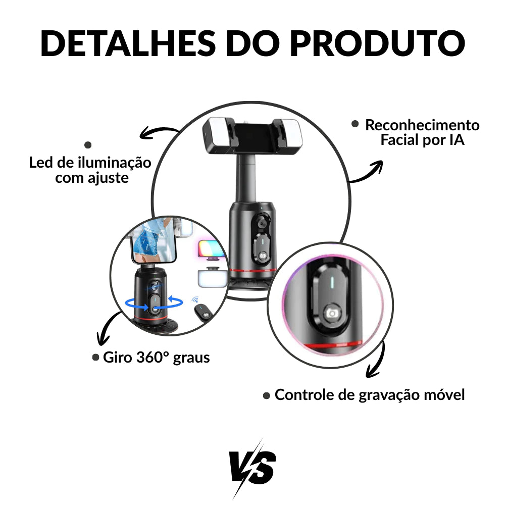 Gimbal Inteligente 360° com Rastreamento Facial AI + Luz LED e Controle Bluetooth para Celular