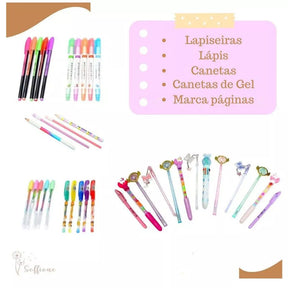 Kit Papelaria Fofa kawaii 25 Itens Diversos Estojo Presente + brinde canetas canetinhas caderno escolar presente ideal