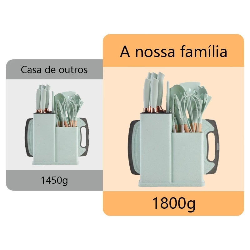 Kit Conjunto 19 Pçs Jogo Utensílios de Cozinha Kit Luxo Com Espátula Com Tábua Tesoura Faca R9