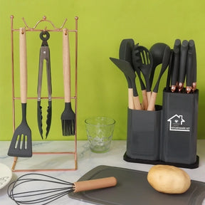 Kit Conjunto 19 Pçs Jogo Utensílios de Cozinha Kit Luxo Com Espátula Com Tábua Tesoura Faca R9