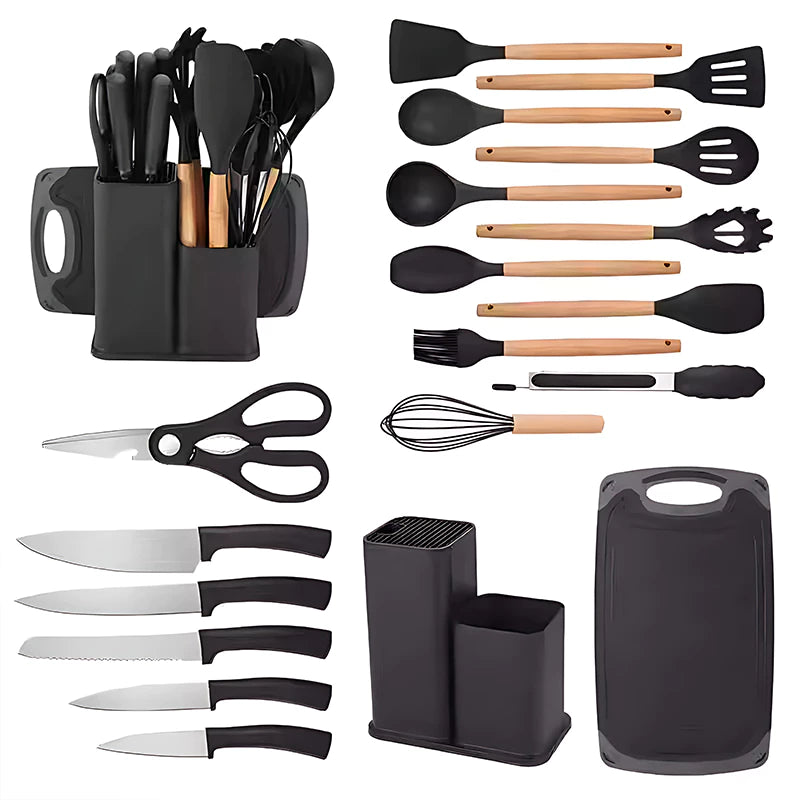 Kit Conjunto 19 Pçs Jogo Utensílios de Cozinha Kit Luxo Com Espátula Com Tábua Tesoura Faca R9