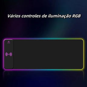 Mouse Pad Gamer RGB 70x30cm com Carregador Sem Fio 15W Iluminação LED Colorida -K3