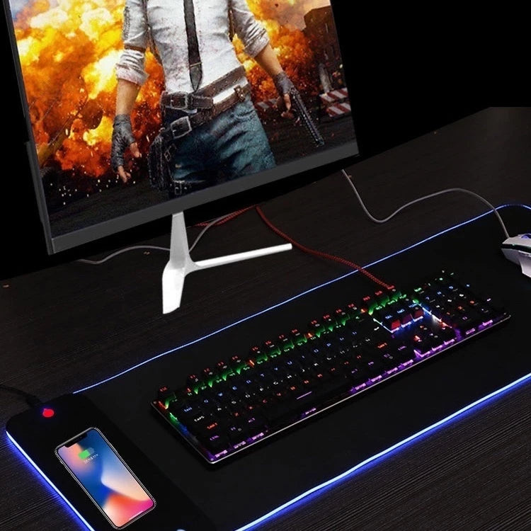Mouse Pad Gamer RGB 70x30cm com Carregador Sem Fio 15W Iluminação LED Colorida -K3