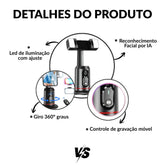 Gimbal Inteligente 360° com Rastreamento Facial AI + Luz LED e Controle Bluetooth para Celular