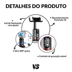 Gimbal Inteligente 360° com Rastreamento Facial AI + Luz LED e Controle Bluetooth para Celular
