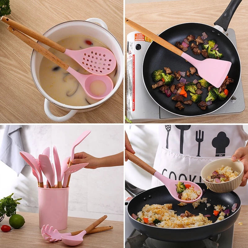 KIT de Utensílios Para Cozinha em Silicone e plástico e Bambu 12 Peças