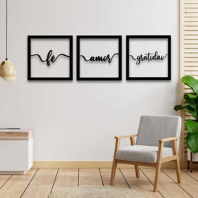 Kit Quadros Decorativos Fé Amor e Gratidão Para Quarto E Sala