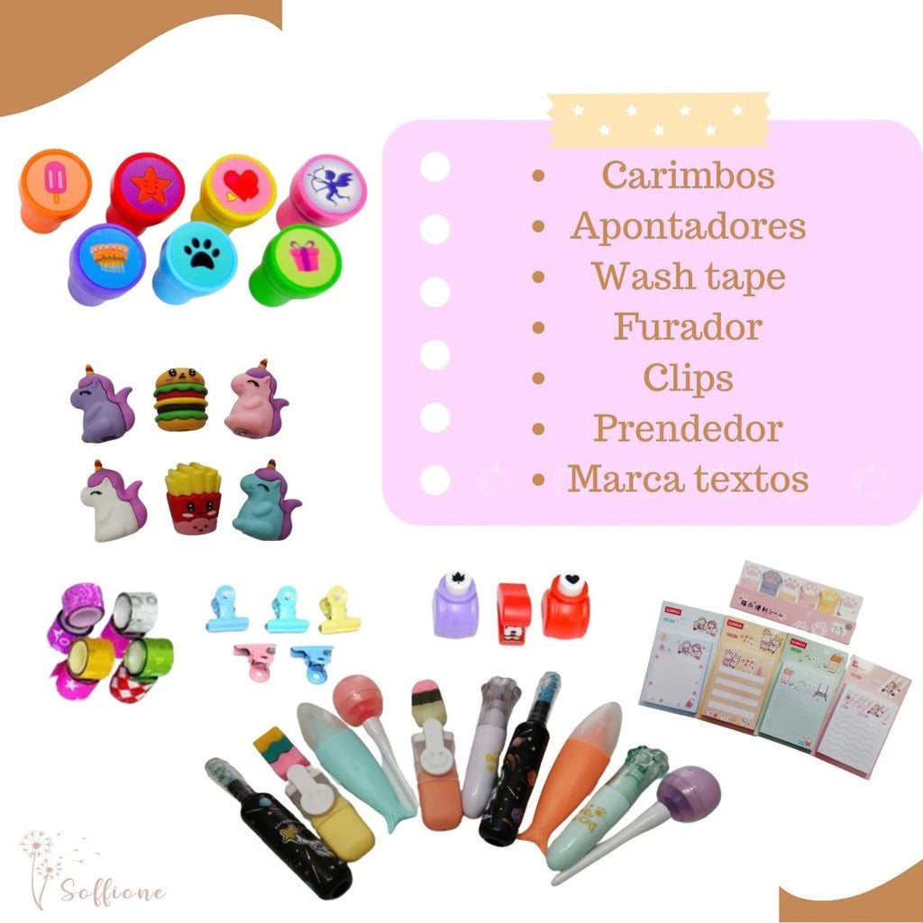 Kit Papelaria Fofa kawaii 25 Itens Diversos Estojo Presente + brinde canetas canetinhas caderno escolar presente ideal