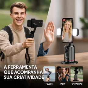 Gimbal Inteligente 360° com Rastreamento Facial AI + Luz LED e Controle Bluetooth para Celular