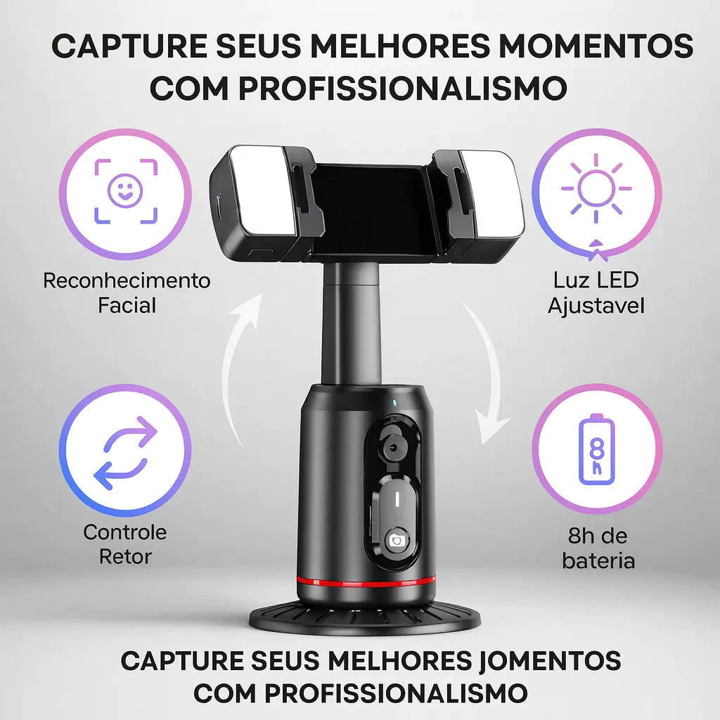 Gimbal Inteligente 360° com Rastreamento Facial AI + Luz LED e Controle Bluetooth para Celular