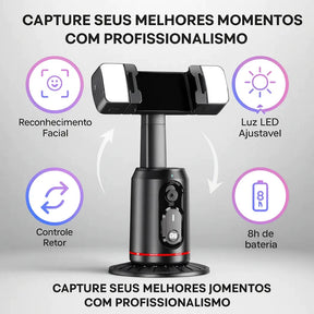 Gimbal Inteligente 360° com Rastreamento Facial AI + Luz LED e Controle Bluetooth para Celular